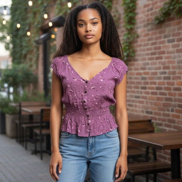 Moral Fiber Mauve Floral Short Sleeve V Neck Button Down Peplum Blouse size L - Picture 11 of 11